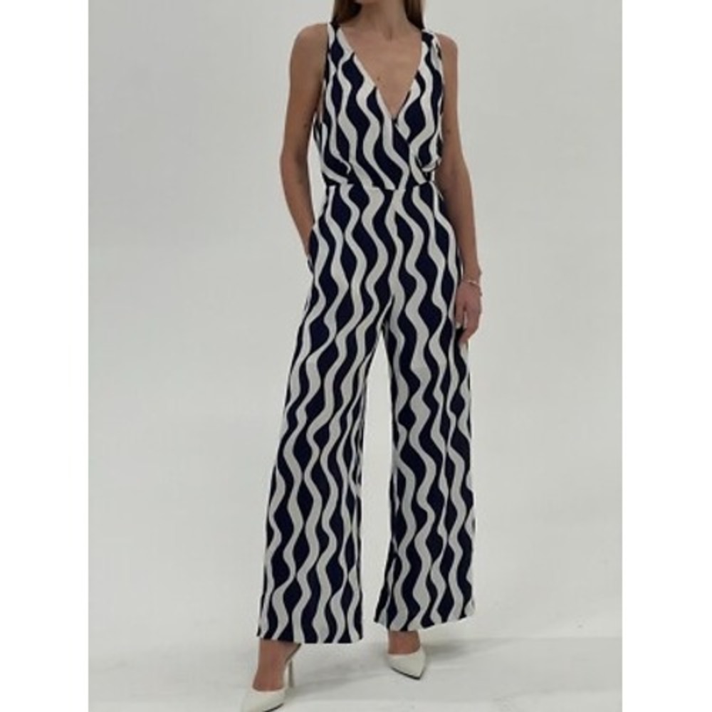 Odyssee Jules Wave Print Wide Leg Jumpsuit Navy Ivory NWT Size S